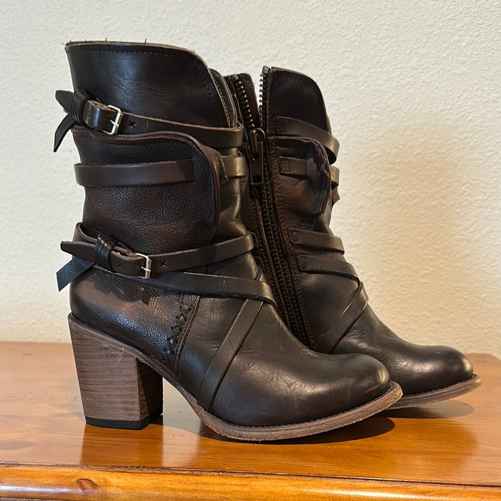 Freebird Brown Heeled Boots with Straps and Buckles
